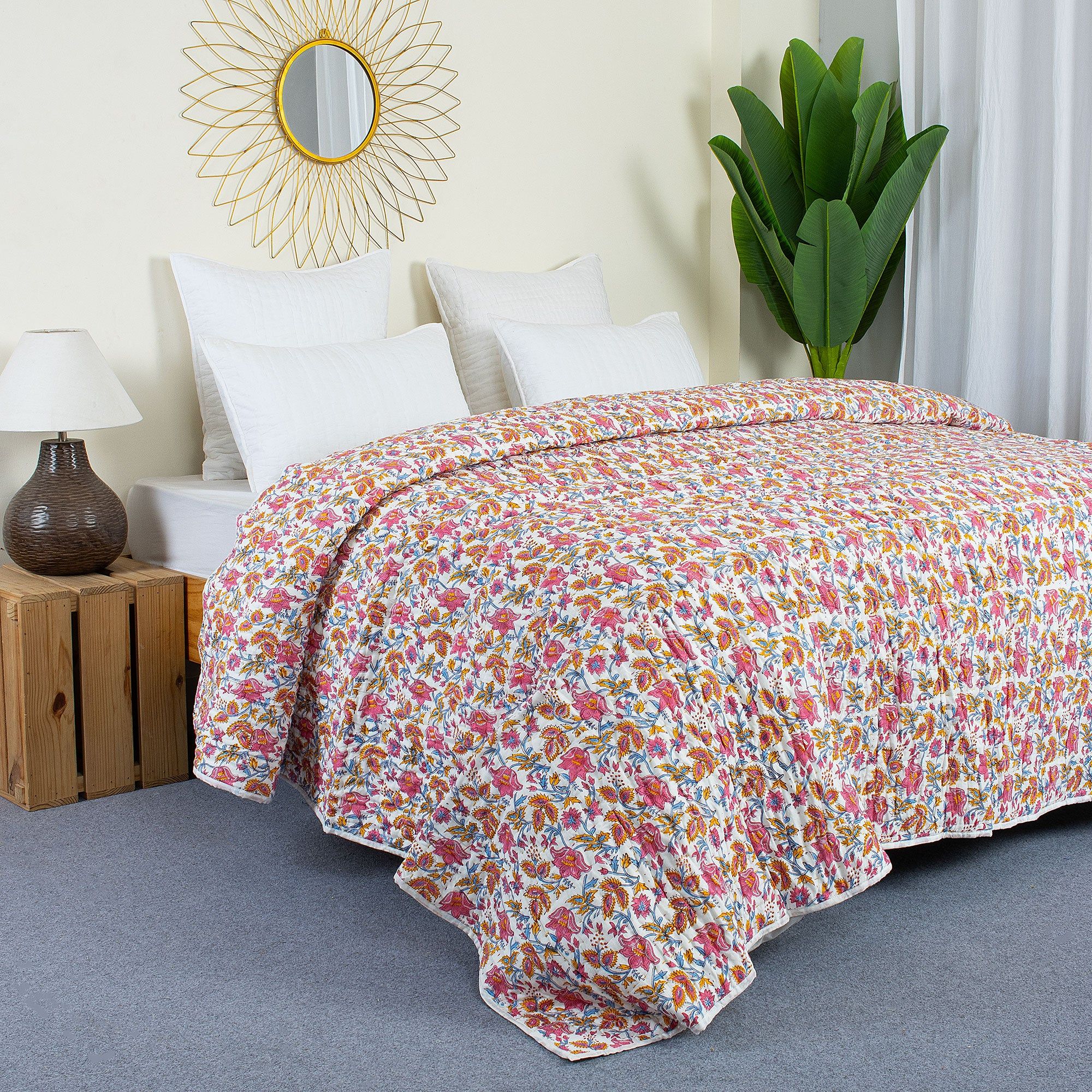 Handmade Red Floral Print Kantha Quilt Blanket